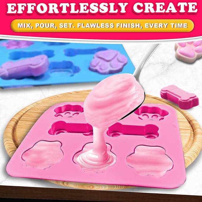3Pcs Puppy Paw & Bone Silicone Molds - Non-Stick Candy Mold, Reusable Ice Cube Molds for Frozen Dog Treats, Chocolate, Jelly, Biscuit - Food Grade 2-in-1 Dog Treat Mold for Baking and Freezing