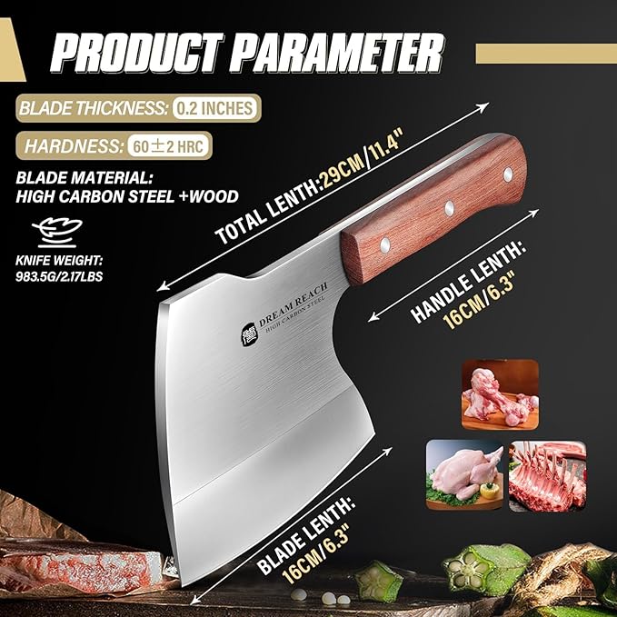 Dream Reach Meat Cleaver Knife Heavy Duty Bone Chopper Stainless Steel Butcher Axe Hand Forged Butcher Knife Meat Bone Cleaver for Kitchen Outdoor BBQ