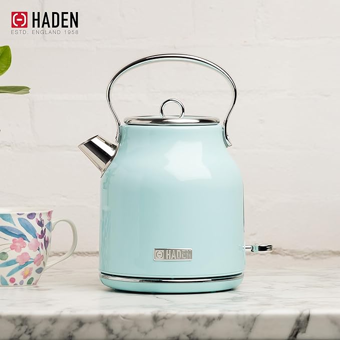 HADEN Coffee Machine, 12 Cup Drip Coffee Maker Bundled with Heritage 1.7 Liter Stainless Steel Electric Kettle, Turquoise & Chrome