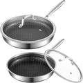 8-10 Inch Non Stick Frying Pans, Ceramic Coating NonStick Stainless Steel Pan Set, Tri-Ply Skillets and Pan Set with Lid, Cool-Touch Handle, Dishwasher and Oven Safe