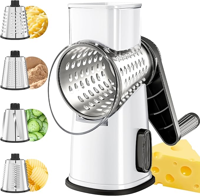 VEKAYA Cheese Grater, Cheese Grater Hand Crank, 4 Interchangeable Blades Cheese Shredder, Vegetable Slicer, Non-slip Suction Base, Easy to Clean Rotary Grater with Handle (White)