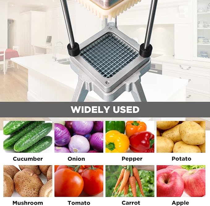 Upgrade Stainless Steel Vegetable Cutter: Ideal for potatoes, tomatoes, peppers, mushrooms.3 Replacement Blades (1/4", 3/8", 1/2") for various widths. Doubles cutting efficiency.