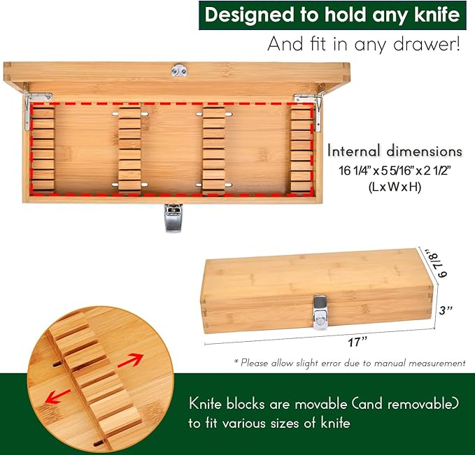 Bamboo Kitchen Knife Holder Lock Box - Knife Drawer Organizer Lockable Storage Box with Lock and Key to Keep Kids Safe from Sharp Knives. Multi Purpose Safe Box (Knives Not Included) (Large)