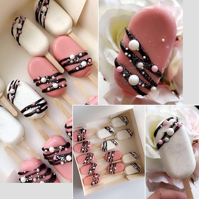 Sakolla 2 Pack Mini Popsicle Silicone Molds, 4 Cavities Oval Ice Pop Molds with 50 Wooden Sticks for Homemade Ice Cream, Cakesicles, Cake Pop (White)