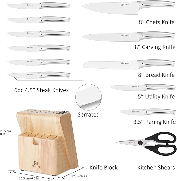 Kitchen Knife Set, Professional 13 Piece Knife Set with Block and Sharpener, Sharp Chef Knife Set, Ideal for Home and Restaurants, Silver