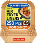 Air Fryer Paper Liners: 250Pcs Parchment Paper Sheets, Air Fryer Liner Disposable, Oilproof Waterproof Airfryer Basket Liner Square (6.5inch)