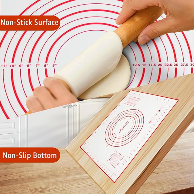 Silicone Baking Mat - Non Stick Pastry Mat Sheet for Dough Rolling, 0.7MM Thick Non-slip Baking Mat With Measurements, Reusable, Easy Clean Silicone Mats for Kitchen Counter (Red)