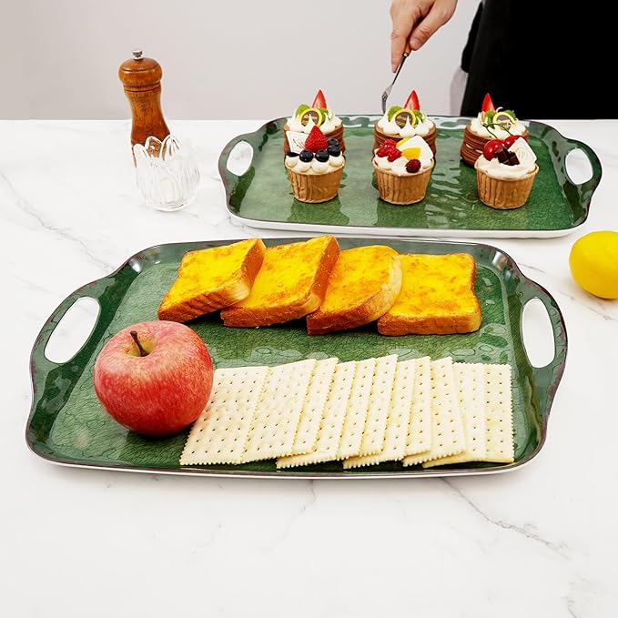 TP Serving Trays with Handles, 19 Inch Large Rectangular Melamine Serving Platter Set of 2, Retro Green