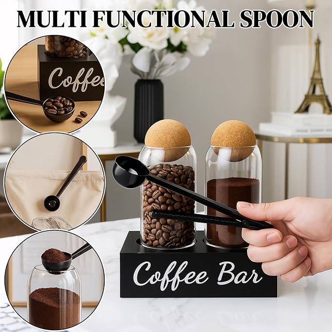 Coffee Container Set of 2 – 34oz Airtight Glass Coffee Bean Storage Jars with Wooden Lids, Metal Scoop & Wooden Base, Coffee Bar Organizer for Countertop, Tea & Sugar Canisters with Labels
