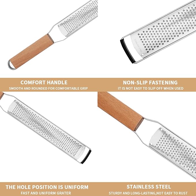 Professional Cheese Graters for Kitchen Stainless Steel Handheld,Durable Rust-Proof Metal Lemon Zester Grater With Wood Handle for Cheese,Chocolate,Spices,Kitchen Gadgets (Longboard)