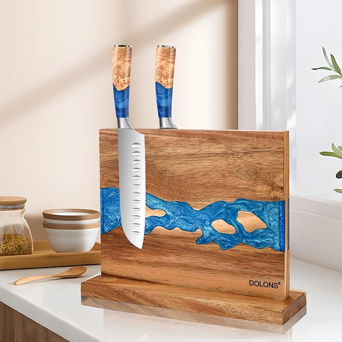 Magnetic Knife Block, Thickened Acacia Wood Resin Kitchen Knife Holder Stand with Strong Magnets, Multifunctional Double Side Knife Storage Organizer for Kitchen Counter