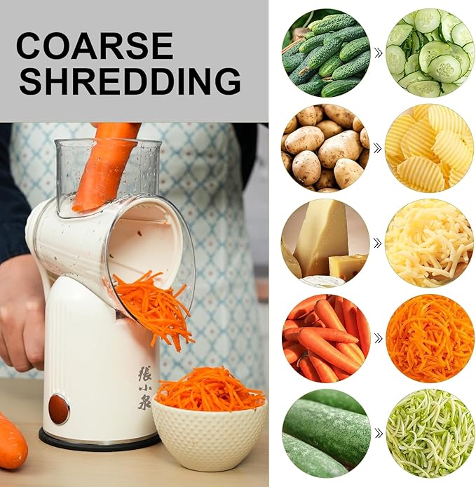 ZHANG XIAO QUAN SINCE 1628 5-in-1 Interchangeable Blades Rotary Cheese Grater Hand Crank, Cheese Shredder Mandoline Vegetable Julienne Slicer Cutter Nut Chopper with Anti-Slip Base, Cream