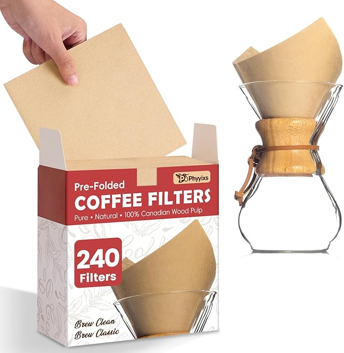 Pre-Folded Unbleached Cone Coffee Filters – Premium Canadian-Imported Thick Paper, Compatible with CHEMEX Pour-Over Coffee Makers (240)