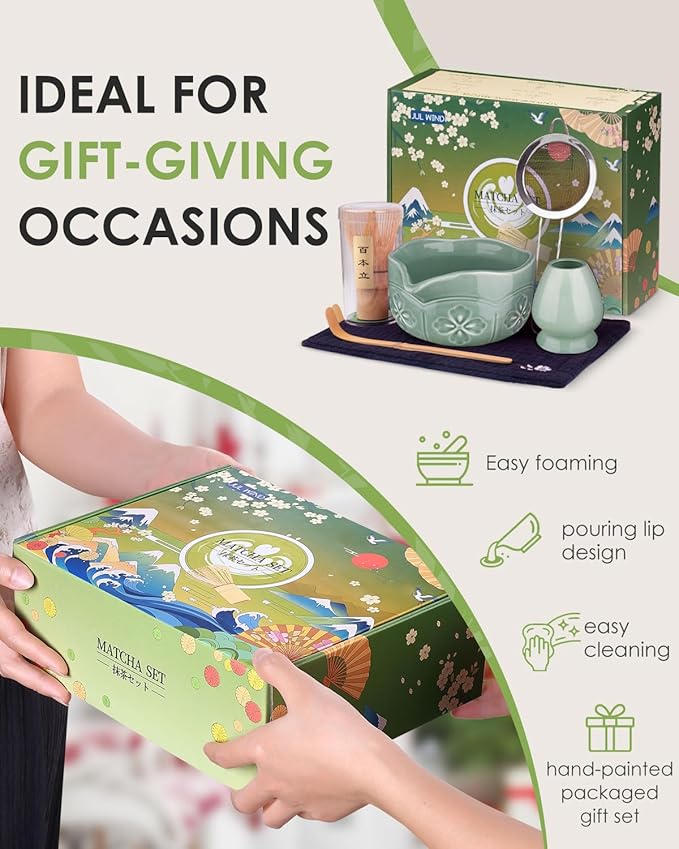 Matcha Whisk Set, Ceramic Matcha Set Includes Matcha Bowl with Spout, Matcha Whisk and Holder, Bamboo Scoop, Sifter and Tea Towel - 6 Pcs Matcha Kit Gift for Matcha Lovers Beginners (Green)