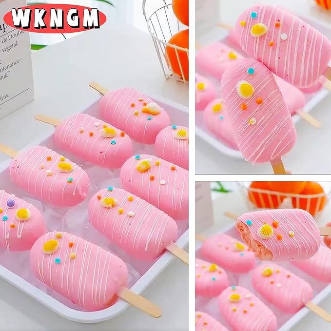 3pcs Large Silicone Popsicle Molds with Lids,4 Cavities Cake Pop Molds,Oval Ice Cream Bar Mold Ice Pop Cakesicle Molds Silicone with 100 Wooden Sticks & 100 Bags &100 Twist Ties(Purple)