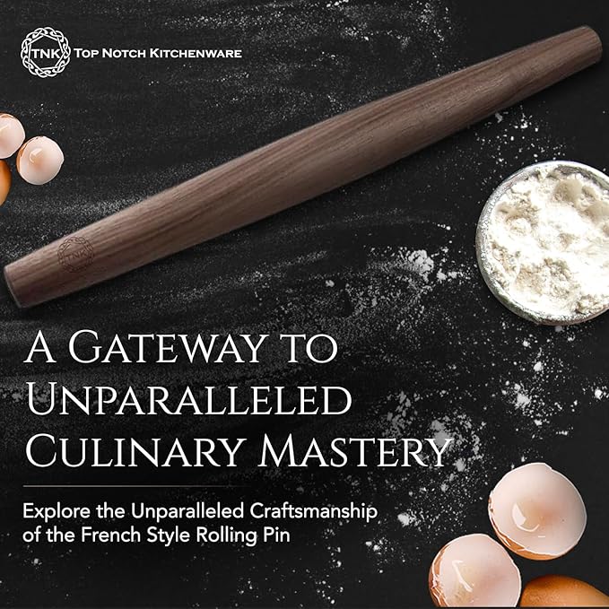 Premium Black Walnut French Style Rolling Pin - Tapered, Non-Stick, Ergonomic Design for Precision Baking, 18 Inches By Top Notch Kitchenware