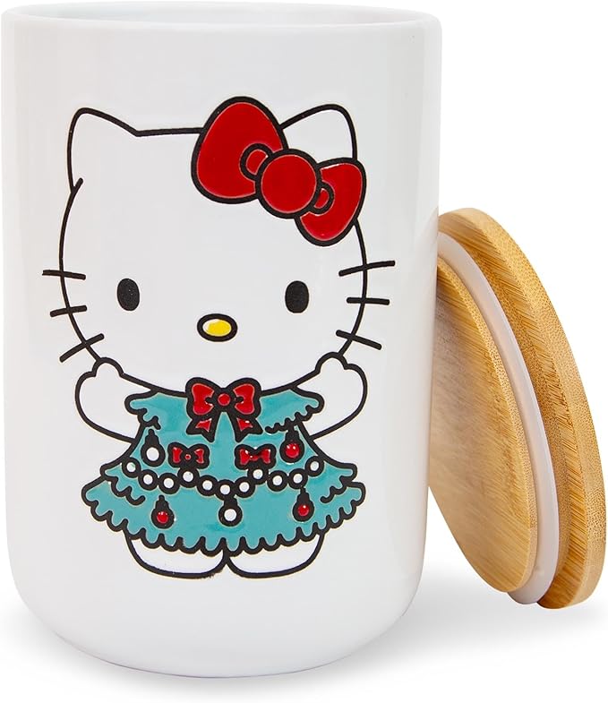 Hello Kitty Sanrio Holiday Ceramic Snack Jar Container With Lid | Kitchen Food Storage For Cookies, Candy | 7 Inches Tall