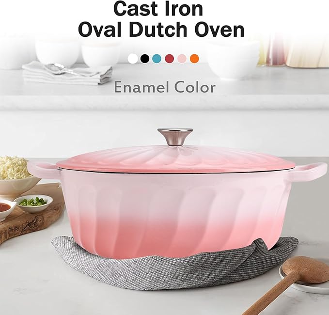 Enameled Oval Dutch Oven Pot with Lid, 7 QT Cast Iron Dutch Oven with Dual Handles for Cooking, Bread Baking, Frying, Non-stick Enamel Coated Oven (7 QT Gradient Pink)