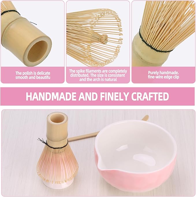 Matcha Whisk Set,4pcs Matcha Set Whisk and Bowl with Spout,Ceramic Matcha Whisk Holder,Scoop(Chashaku),Matcha Kit for Matcha Lovers Kitchen Matcha Accessories,Ideal Gift Christmas(Gradient Pink)
