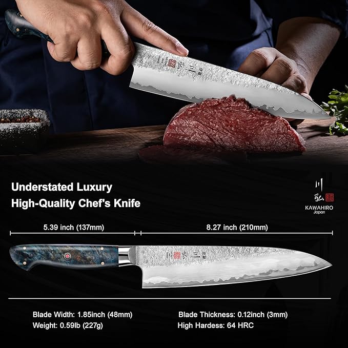 KAWAHIRO Japanese Chef Knife with SG2 Powder Steel, 8.27 inch Professional Gyuto Knife, Hand Forged Kitchen Knife with Premium Stabilized Wood Handle and Wood Gift Box