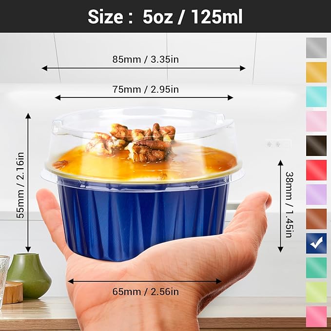 EUSOAR Aluminum Foil Baking Cups with Lids, Royal Blue 100pcs 5oz Creme Brulee Ramekins Disposable, Muffin Liners Cups，Mini Cheesecake Foil Pans Dessert Containers with Lids for Party Favor Birthday
