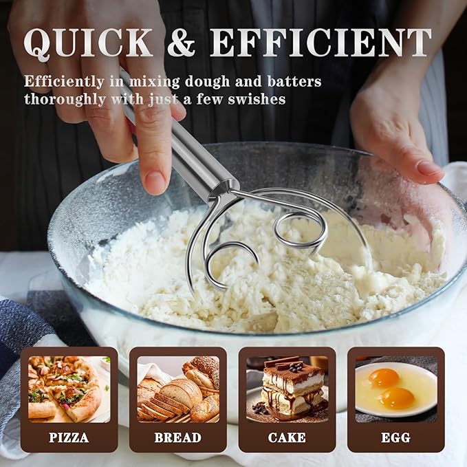TEEVEA Danish Dough Whisk Stainless Steel Hook Dutch Bread Mixer for Sourdough Baking Tools