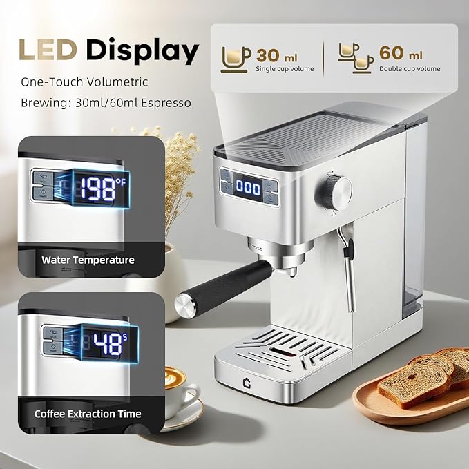 Garvee Compact 20 Bar Espresso Machine–Stainless Steel, Steam Milk Frother, Removable Tank for Cappuccino/Latte,(Silver)