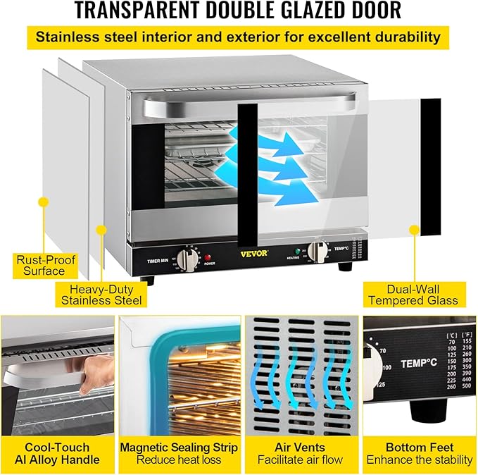 VEVOR Commercial Convection Oven, 21L/19Qt, Quarter-Size Conventional Oven Countertop, 1440W 3-Tier Toaster w/Front Glass Door, Electric Baking Oven w/Trays Wire Racks Clip Gloves, 120V
