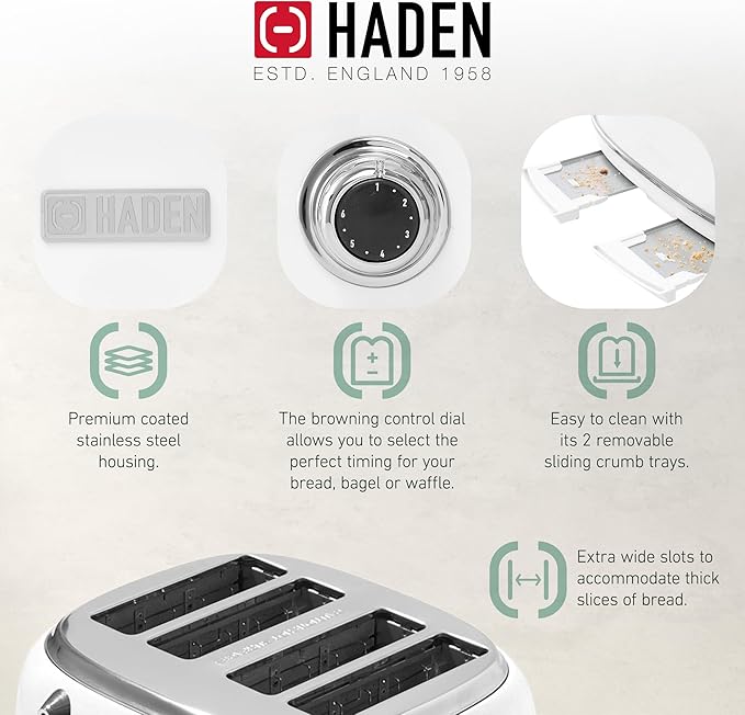 Haden Heritage 4 Slice Wide Slot Stainless Steel Toaster Bundled with 12 Cup Programmable Drip Coffee Maker Coffee Machine, Ivory & Chrome