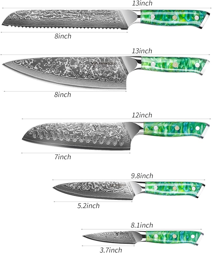 Chef Cooking Knives Set- Kitchen Knife Set of 5 Piece - Ultra-Sharp VG10 Damascus Steel & Resin Handle - Xuan Series (Jade Green)