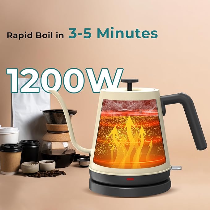 NYOTA Gooseneck Electric Kettle, 0.8L Electric Tea Kettle of 304 Stainless Steel, 1200W Quick Heating, Automatic Shut Off Coffee Kettle, Hot Water Boiler, Bone White