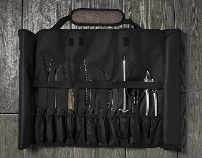Asaya Chef Knife Roll Bag - 20 Total Pockets for Knives and Kitchen Utensils - Made with Stain Resistant Waxed Nylon - For Chefs and Culinary Students - Knives Not Included(Brown)