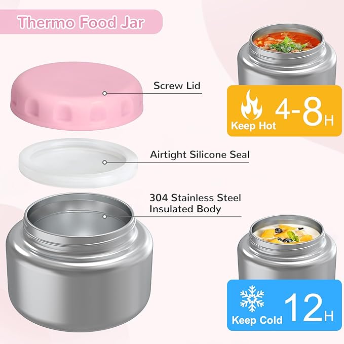 Bento Lunch Box for Kids with 12oz Soup Thermo,4 Compartments Lunch Box Containers Kids, Includes Foldable Spoon &Sauce Jar, BPA Free&Leak proof,Insulated Food Jar for Travel,School (Pink)