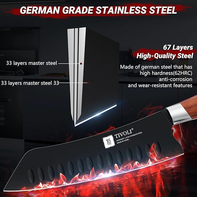 TIVOLI Santoku Knife, 7 Inch Professional Chef Knife, High Carbon Steel Ultra Sharp Deep Cooking Knife with Full Tang Ergonomic Wood Handle, Gift for Men Women Christmas