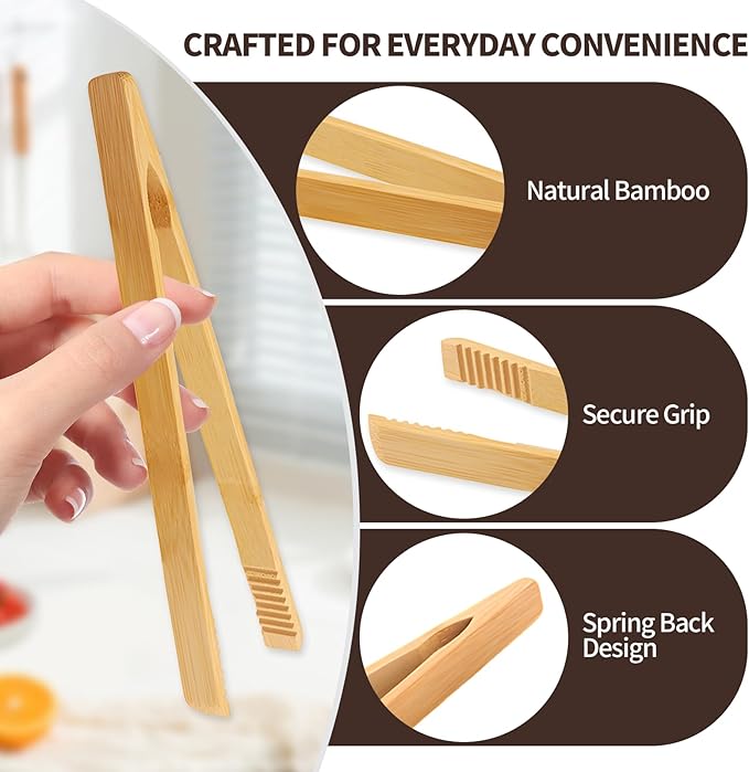 4 Pieces Natural Bamboo Toaster Tongs,Two Bamboo Toast Tongs of different lengths（9.8-Inch & 7.8-Inch),Long Tongs with Anti-slip Design,Heat-Resistant for Cooking and Serving
