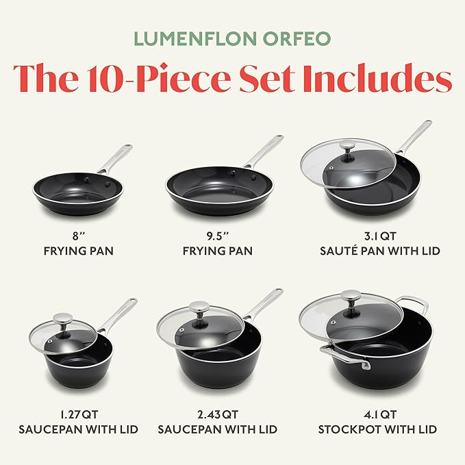 Orfeo 10 Piece Nonstick Cookware Set, Made in Italy, Diamond Ceramic PFAS-Free Pots & Pans, Induction Ready, Scratch Resistant, Laser-Fused Surface for Durability, Dishwasher Safe, Black