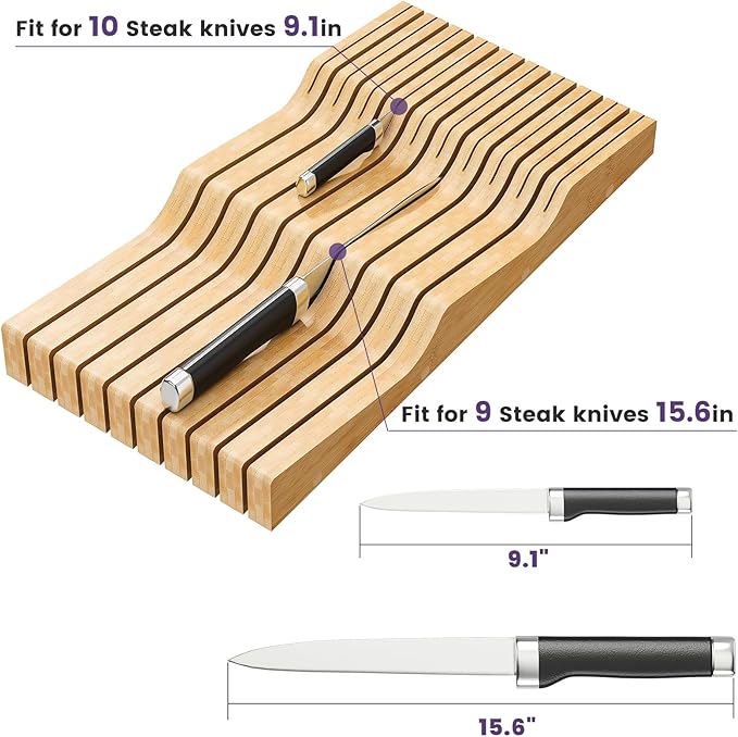 Bamboo In-Drawer Knife Block for 19 Knives(Not Included), Knife Drawer Organizer,Knife Holder Countertop,Block Knife Storage Organizer for Kitchen