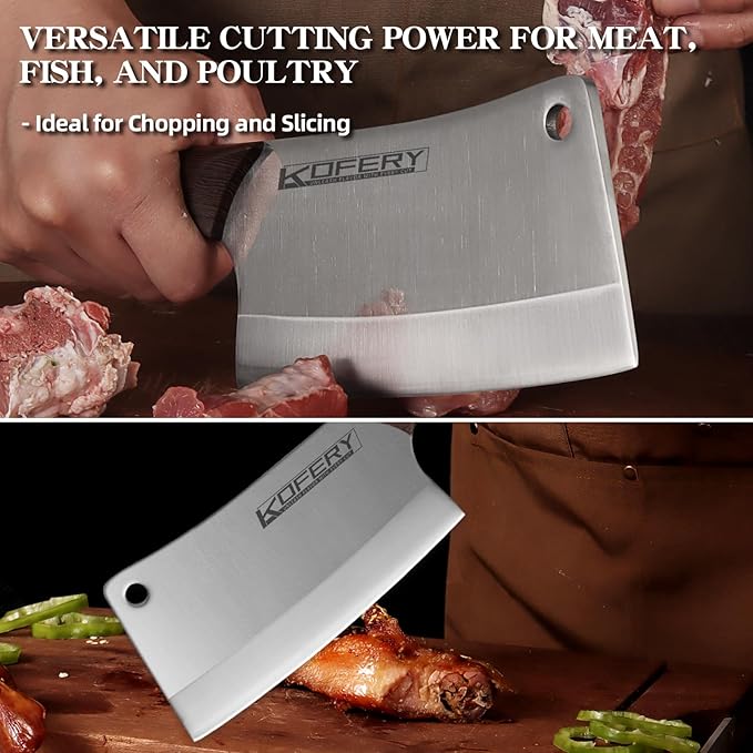 KOFERY 7 Inch Professional Meat Cleaver - Heavy Duty Bone Chopper, Butcher Knife for Meat and Bone Cutting, High Carbon Steel Chinese Cleaver with Wooden Handle