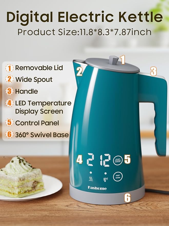 Temperature Control Electric Kettle, 5 Temp Presets, 2H Keep Warm,1.25L 1200W Fast Boil with LED Display, Cool-Touch Design with Auto Shut-Off, Cordless Design, Ideal for Tea and Coffee(Green）