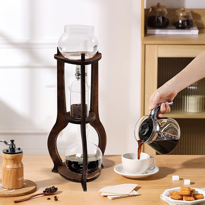 Cold Brew Coffee Maker, 600 ml/20.29 oz Iced Coffee Tower Dripper Coffee Maker & Tea Maker 6-8 Cups, High Borosilicate Glass, Wood, 304 Stainless Steel, Copper - for Home Office (Brown)