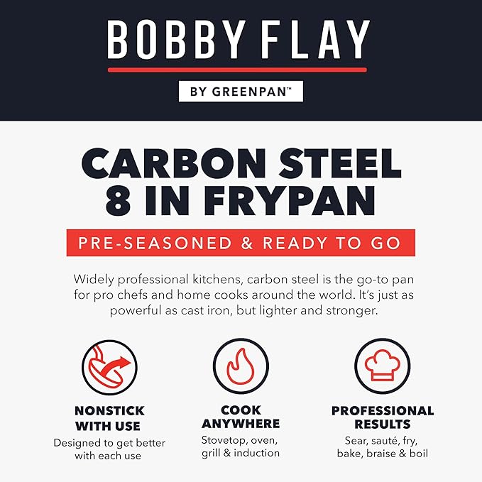 GreenPan x Bobby Flay 8" Carbon Steel Frying Pan Skillet, Pre-Seasoned Ready to Use, Nontoxic, PFAS-Free, Induction Compatible, High Heat & Oven Safe Durable Cookware, Cast Iron Alternative