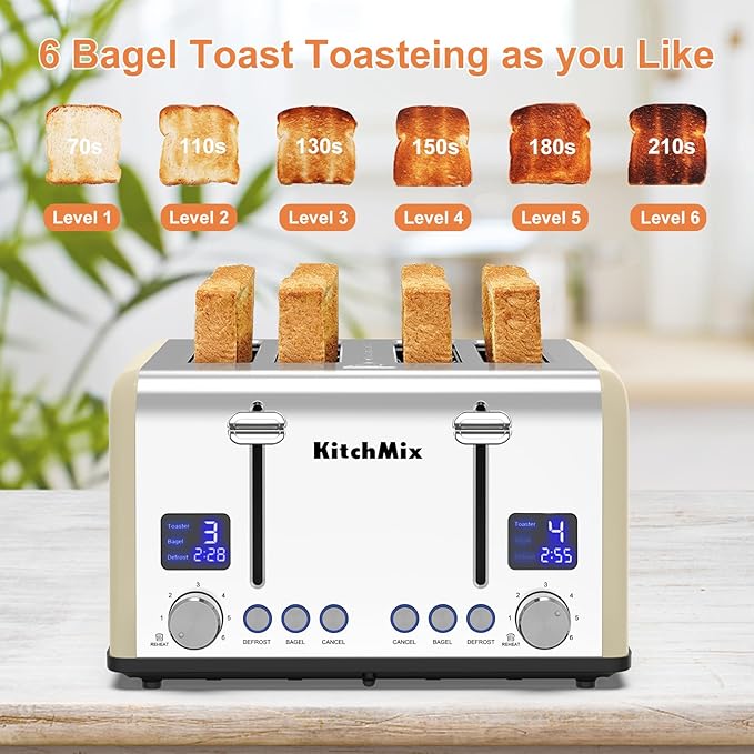 Toaster 4 Slice, KitchMix Bagel Stainless Toaster with LCD Timer, Extra Wide Slots, Dual Screen, Removal Crumb Tray (Cream)