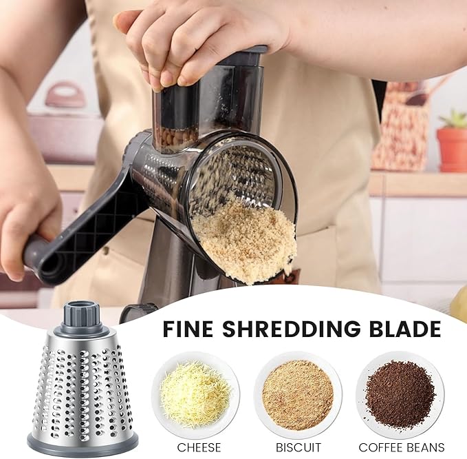 HANSGO Rotary Cheese Grater Hand Crank, Shredder Slicer Grinder, 3 Large Diameter Metal Blades & Cleaning Brush, Non-slip Suction Base, Labor-Saving Handle, Kitchen Gadgets for Cheese, Vegetable, Nuts