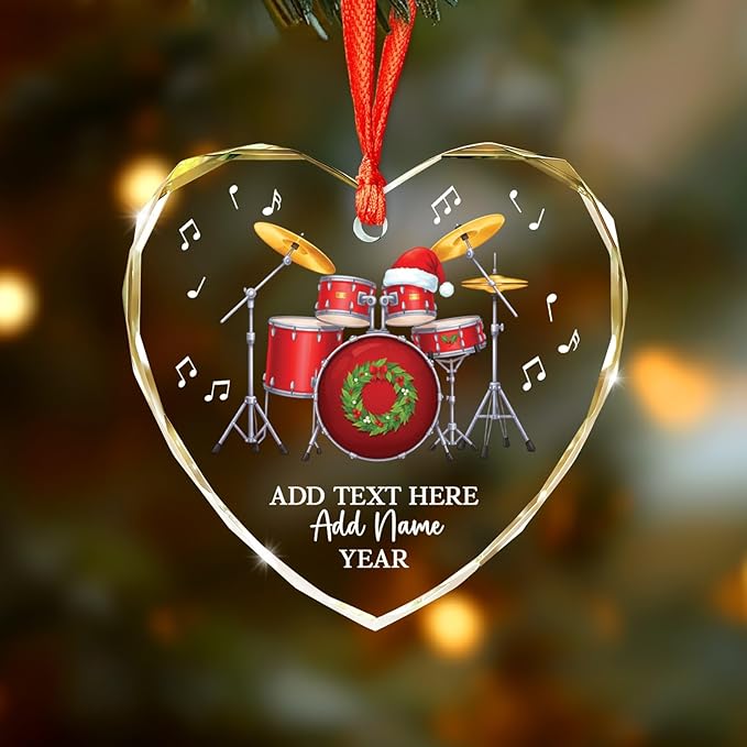 Personalized Drum Set Christmas Glass Ornaments 2025, Drum Xmas Ornament with Custom Text Name & Year, Drummer Christmas Tree Ornament for Men Women, Decoration Gift for Drummer Band Music