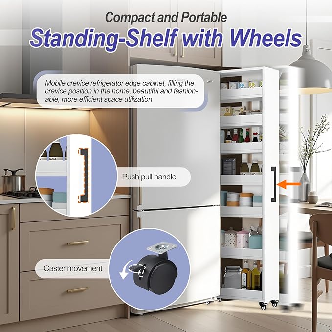 7-Tier Slim Storage Cart, Wooden Rolling Pantry Cabinet with Wheels, Narrow Shelf Organizer for Kitchen, Bakers Rack, Dining Room, Closet, Small Spaces Dark Walnut 47.2" H*7.8" W*23.6" D