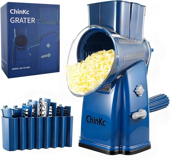 Rotary Cheese Grater Shredder - Upgraded 5 in 1 Cheese Grater with Handle and Strong Suction Base, Multi-purpose Julienne Slicer Ice Shaver Nuts Grinder for Ice, Vegetables, Fruit, Nuts