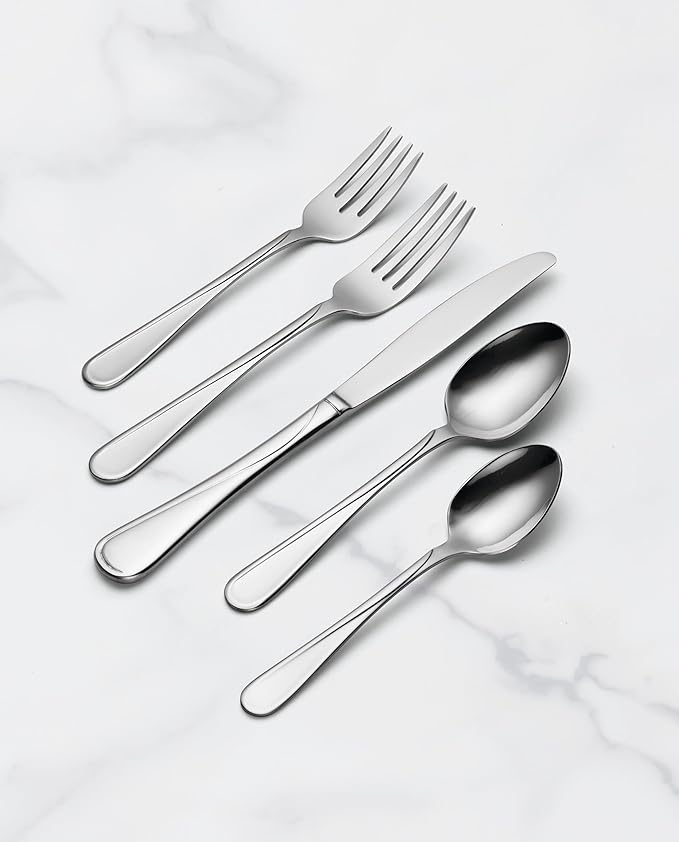Oneida Silverware Set For 8, Flight 45-Piece Everyday Flatware Set with Serving Utensils, Service For 8, 18/0 Stainless Steel, Dishwasher Safe, Knives Spoons and Forks Set, Dining (Silver, 45 pieces)