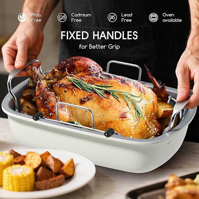 Roasting Pan, 17 Inch x 13 Inch Roaster with Removable Rack, Nonstick Roaster Pan for Roasting Turkey, Meat & Vegetables (Beige)