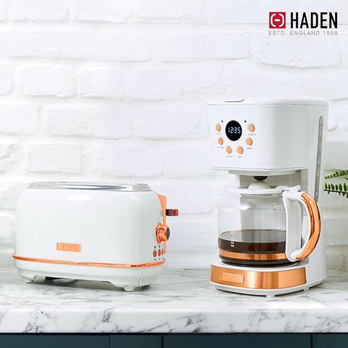 Haden Heritage 2 Slice Wide Slot Stainless Steel Toaster Bundled with 12 Cup Programmable Drip Coffee Maker Coffee Machine, Ivory & Copper