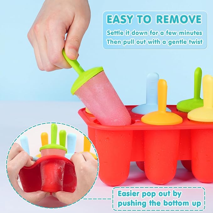 Miaowoof Silicone Popsicles Molds for Toddlers, 8-Cavity Non-BPA Premium Silicone Small Popsicle Molds, Ice Pop Mold with 8 Colorful Reusable Sticks for Kids (Red)